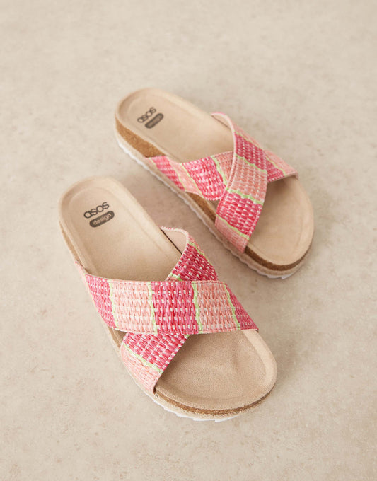 ASOS DESIGN Wide Fit Jessica cross strap espadrille mule sandal in pink raffia