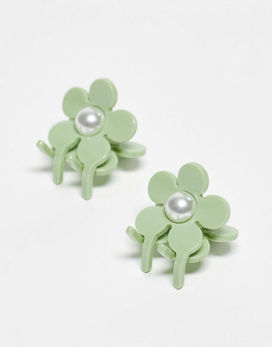 Sui Ava Eva flower pearly mini hair clips in green