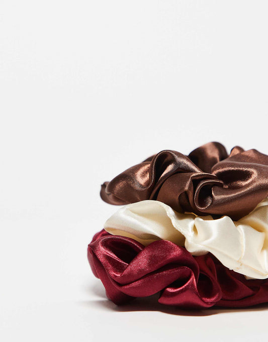 ASOS DESIGN pack of 3 scrunchie hair bands in satin design in multi