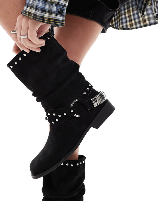 ASOS DESIGN Alara slouchy flat biker boot with hardware in black