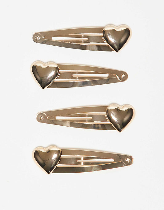 ASOS DESIGN pack of 4 clips with heart detail in gold tone