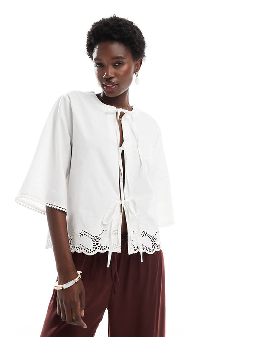 ONLY 3/4 sleeve tie front embroidered top in white