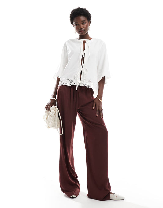 ONLY 3/4 sleeve tie front embroidered top in white