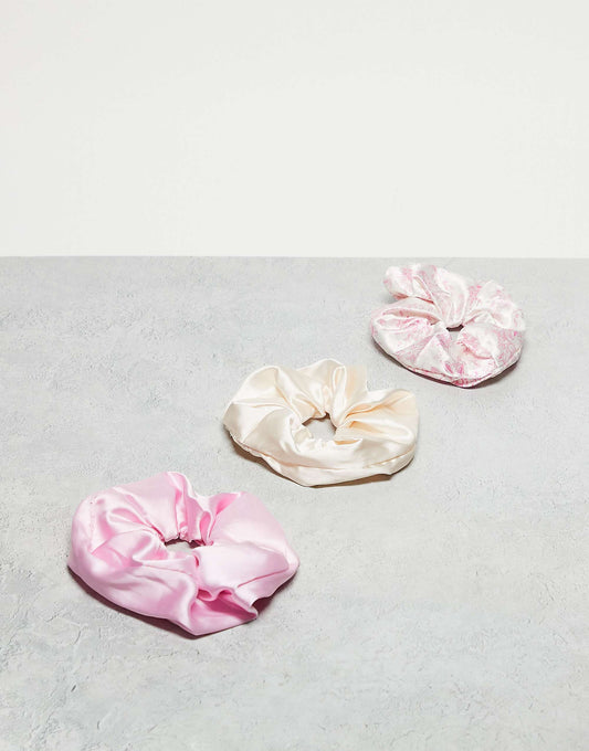 Pieces 3 pack satin srunchies in pink and cream