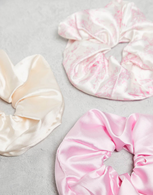 Pieces 3 pack satin srunchies in pink and cream