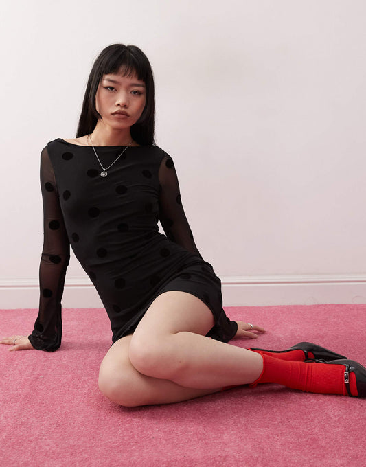 Motel dasa polka dot flock long sleeve mini dress in black