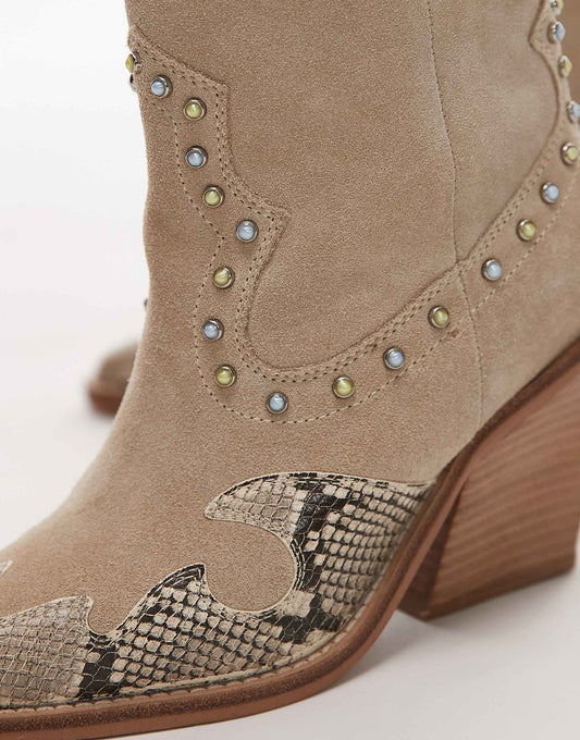 Bronx New-kole beaded western knee boots in oatmilkand snake suede
