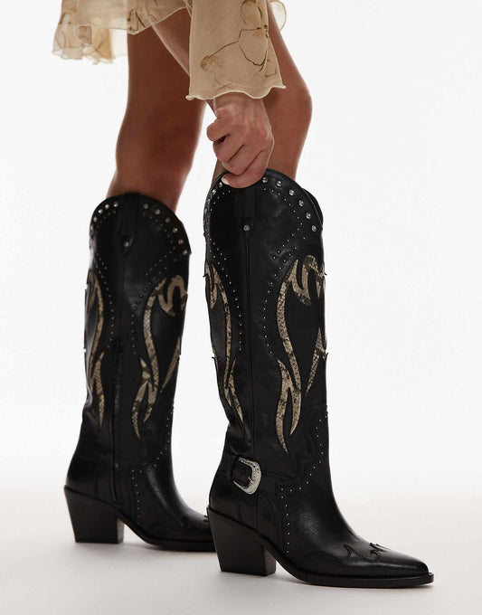 Bronx Next-low-kole buckle western knee boots in black and snake leather