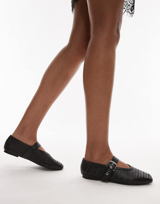 & Other Stories leather mesh buckle strap ballet flats in black