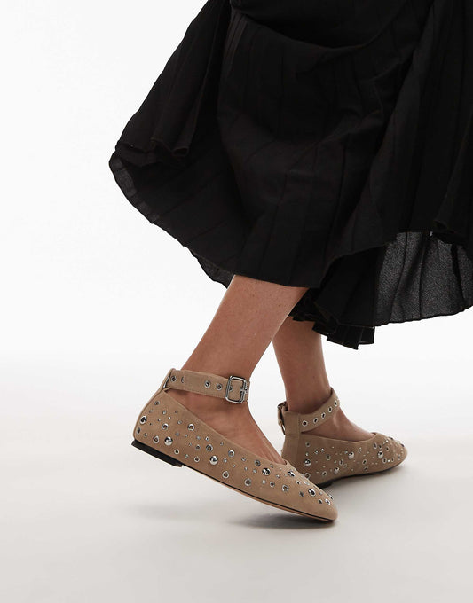& Other Stories studded suede leather ballet flats with ankle strap in light beige