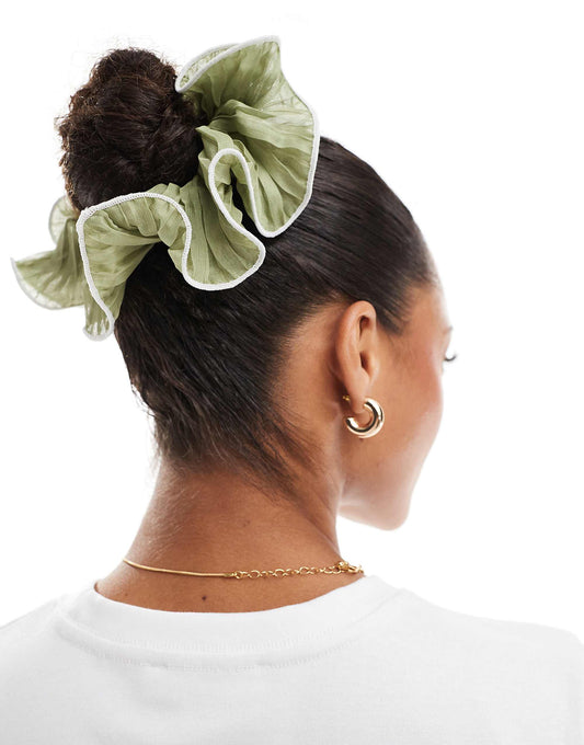 ASOS DESIGN oversized scrunchie hairband with contrast stitching in sage green