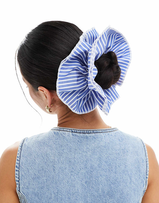 ASOS DESIGN oversized scrunchie hairband with striped pattern in blue