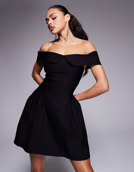 Vesper bengaline bardot foldover skater mini dress in black
