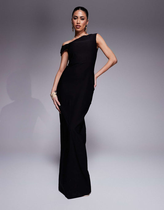 Vesper bengaline one shoulder knot detail maxi bodycon dress in black