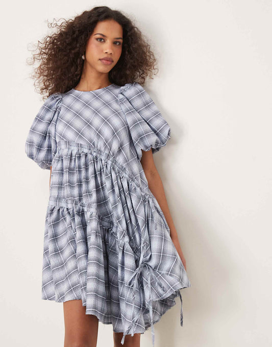Ghopsell asymmetric drawstring mini dress in blue check