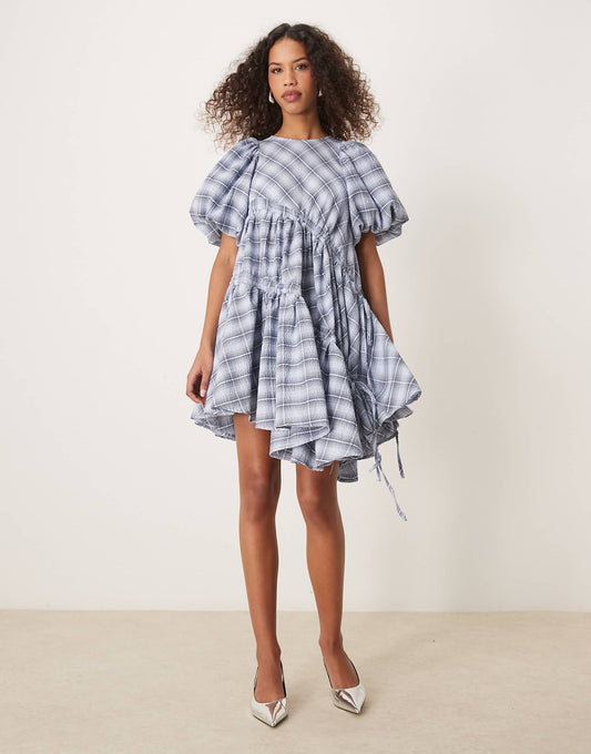 Ghopsell asymmetric drawstring mini dress in blue check