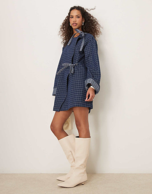 Ghospell bow detail check denim mini dress in blue