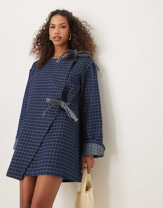 Ghospell bow detail check denim mini dress in blue
