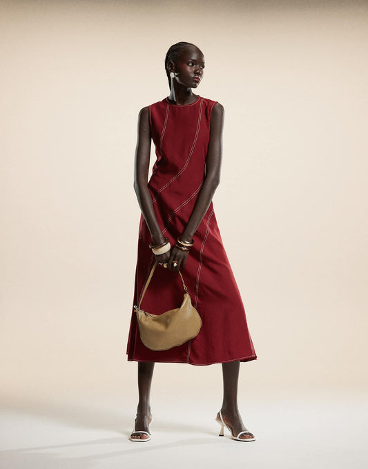 Ghospell curved contrast stitch midaxi dress in burgundy