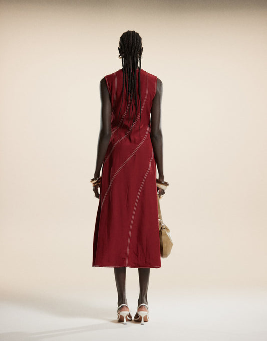 Ghospell curved contrast stitch midaxi dress in burgundy