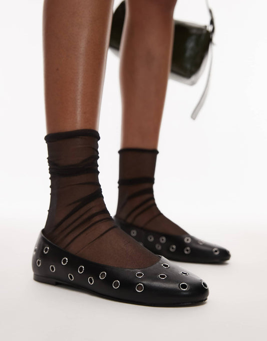Mango leather ballet pump with eyelet detail in black