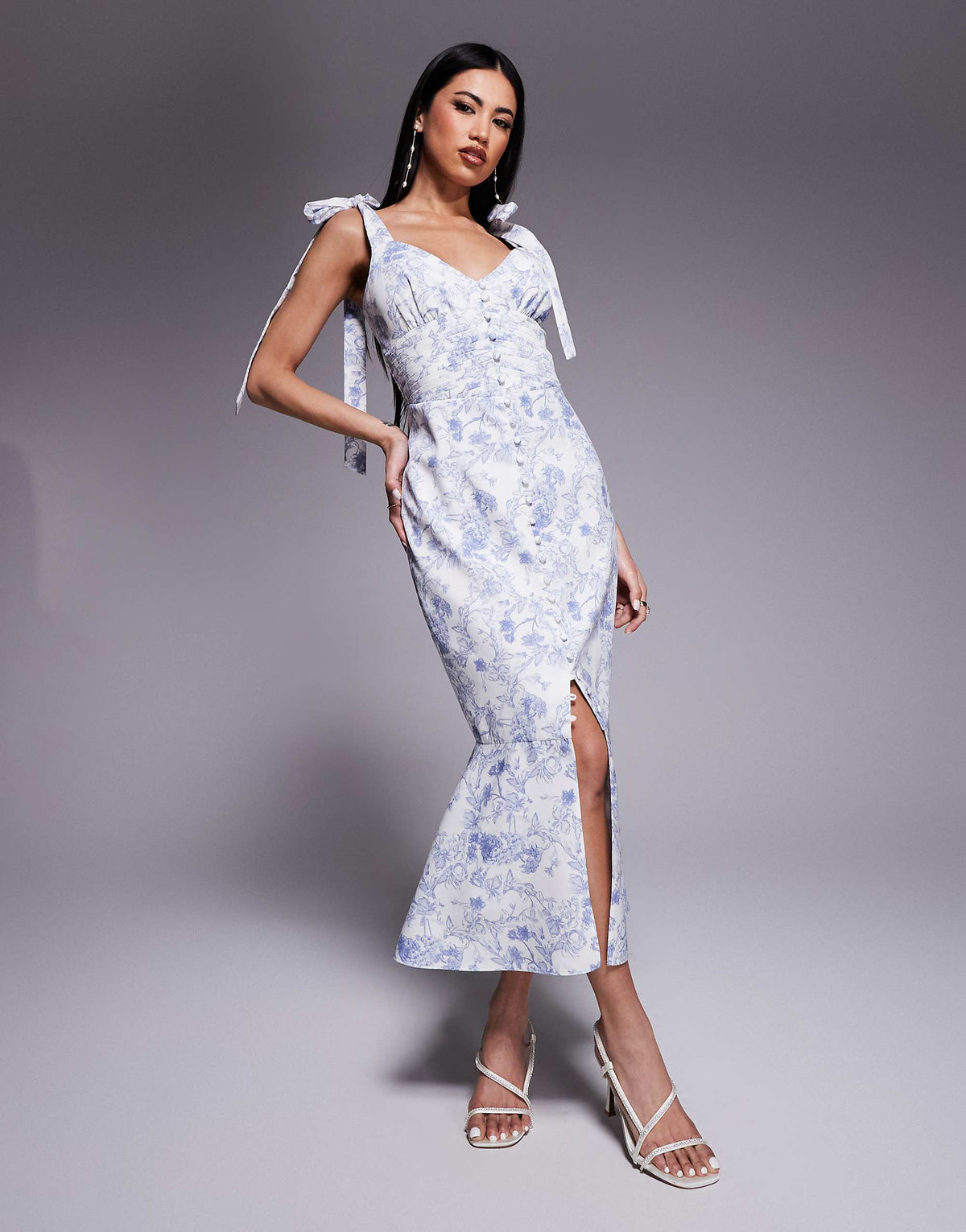 Lavish Alice satin tie strap micro button midi dress in blue porcelain print