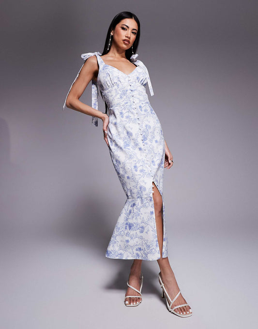 Lavish Alice satin tie strap micro button midi dress in blue porcelain print