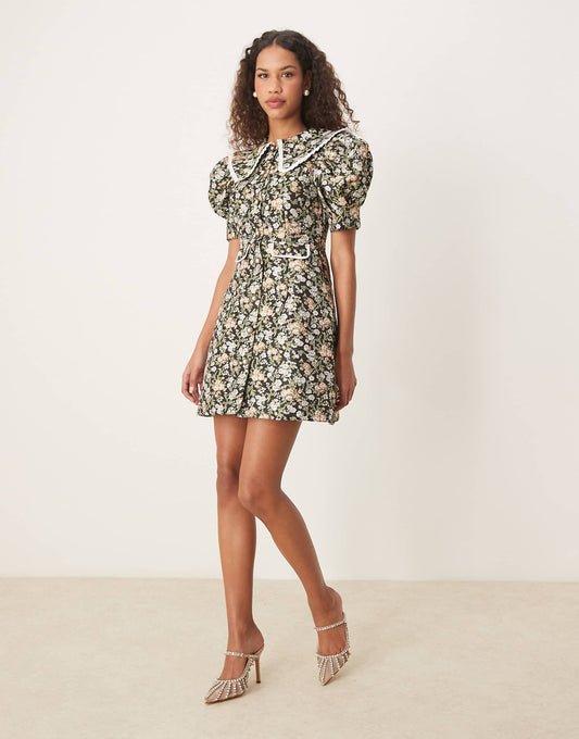 Sister Jane contrast collar jacquard mini dress in green floral