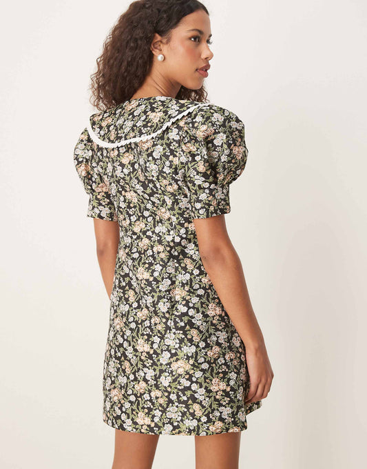 Sister Jane contrast collar jacquard mini dress in green floral