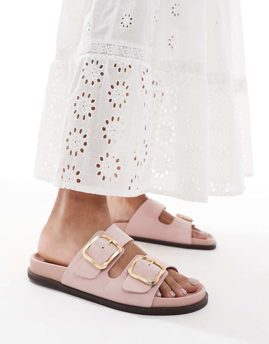 schuh Tylee double buckle sandals in pink suede