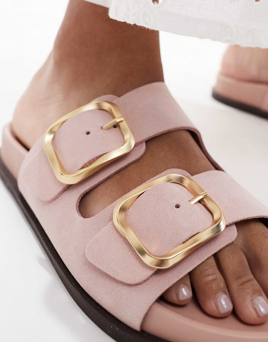 schuh Tylee double buckle sandals in pink suede