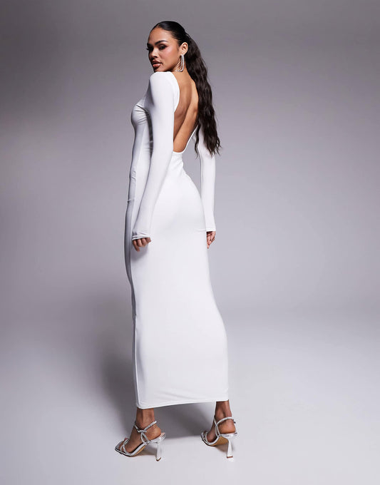 Kaiia exclusive slinky low back long sleeve maxi dress in white