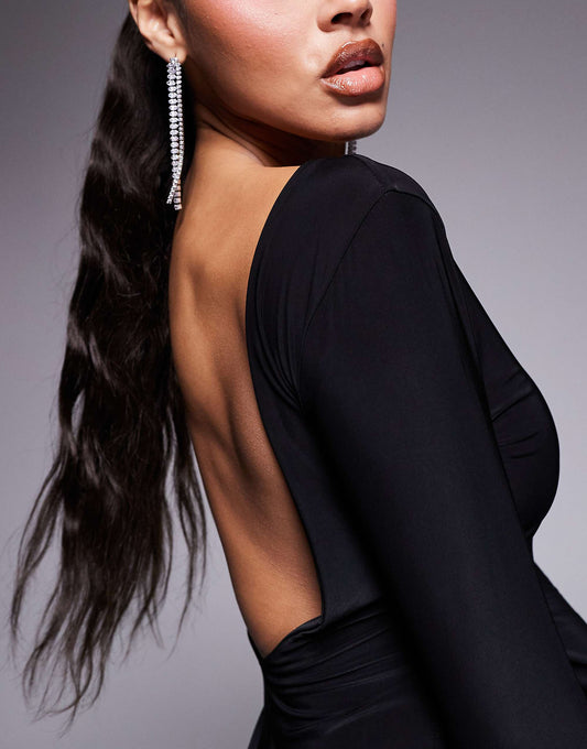 Kaiia exclusive slinky low back long sleeve maxi dress in black
