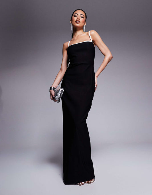 Vesper bengaline square neck contrast piping bodycon maxi dress in black