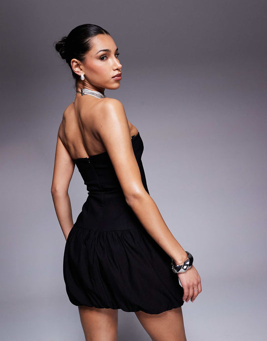 Vesper bengaline bandeau dropped waist bubble hem mini dress in black