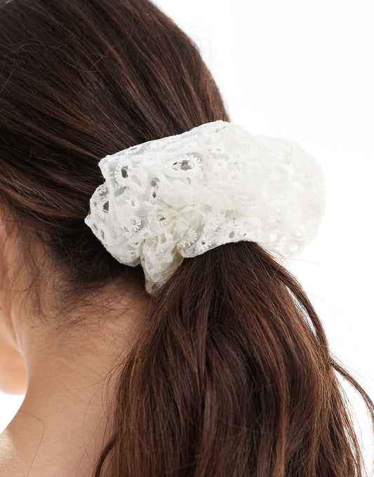 Pieces broderie detail large scrunchie in white