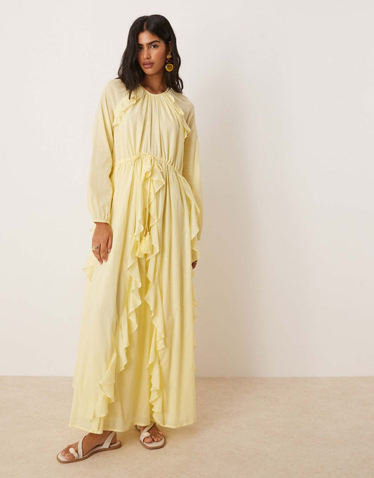 ASOS DESIGN crew neck ruched waist maxi dress with ruffles in lemon