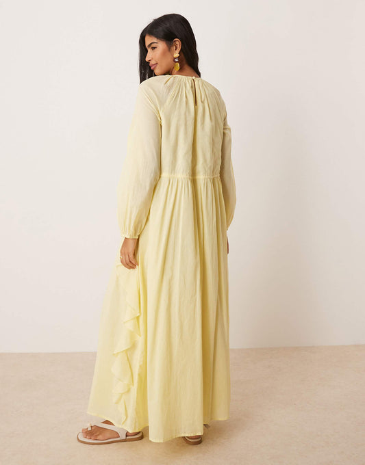ASOS DESIGN crew neck ruched waist maxi dress with ruffles in lemon