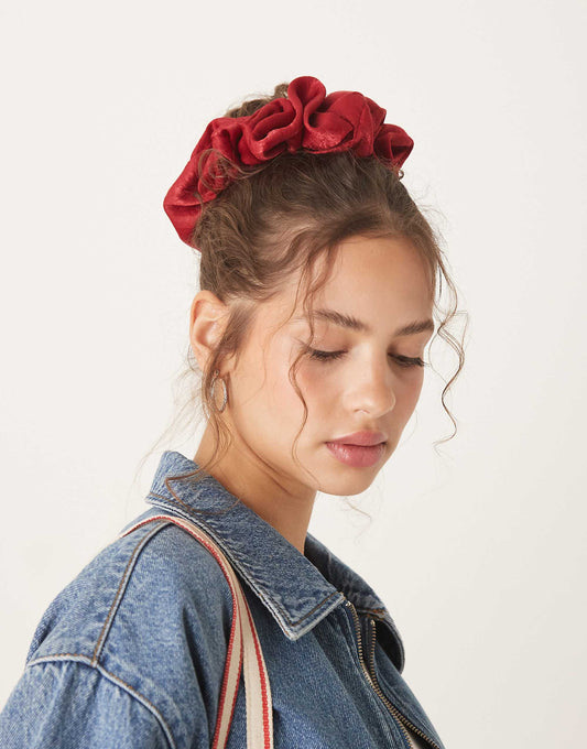 ASOS DESIGN oversized scrunchie with textured satin in red