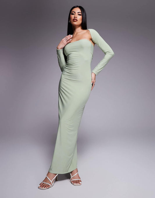 Kaiia exclusive slinky bandeau maxi dress with long sleeve shrug in sage