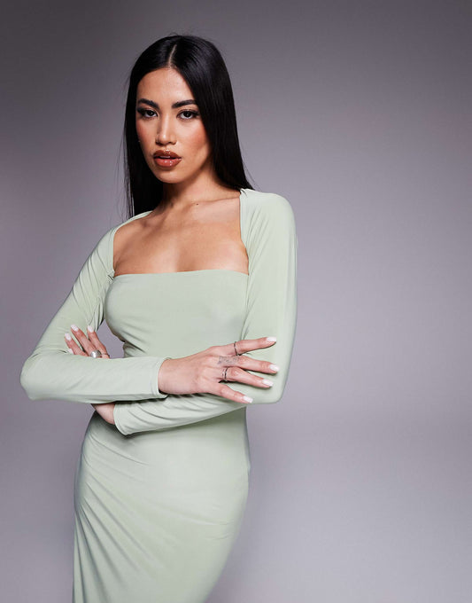 Kaiia exclusive slinky bandeau maxi dress with long sleeve shrug in sage