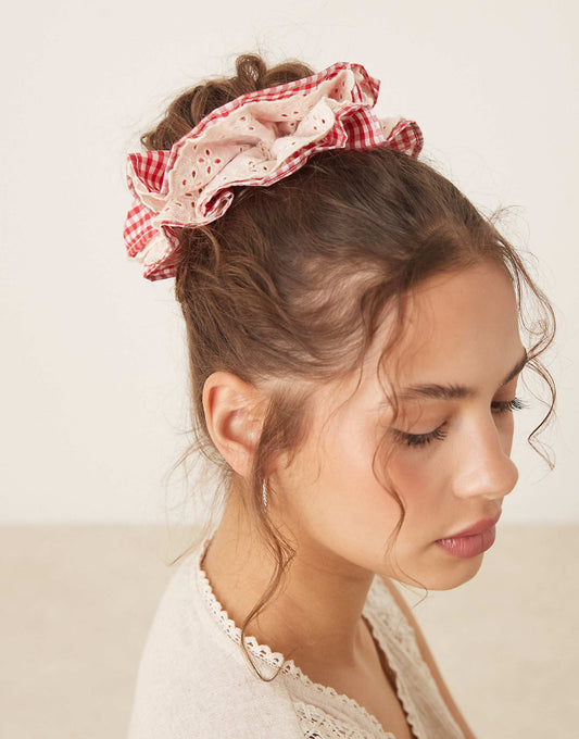 ASOS DESIGN scrunchie with gingham and broderie design in red