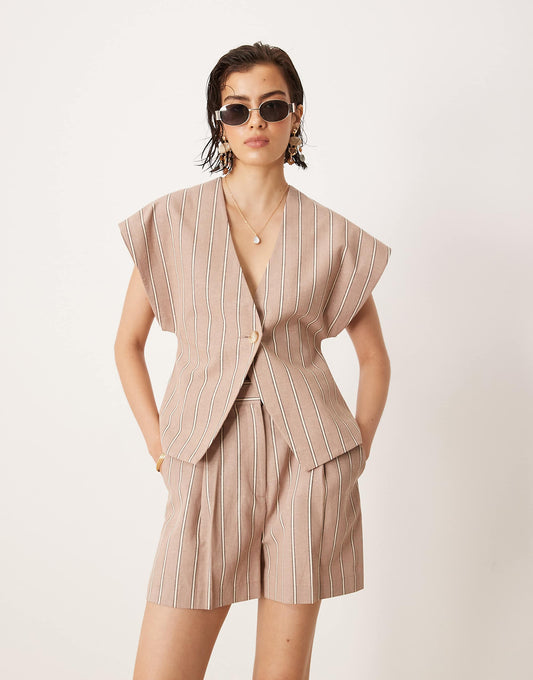 ASOS DESIGN wrap waistcoat with linen co-ord in mink stripe