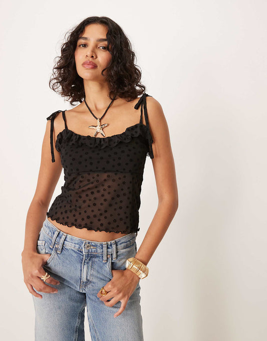 ASOS DESIGN floral flocked mesh tie strap crop cami top in black
