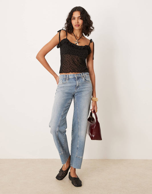 ASOS DESIGN floral flocked mesh tie strap crop cami top in black