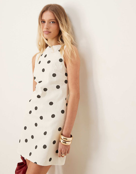 ASOS DESIGN denim mini shift dress in polka dot print