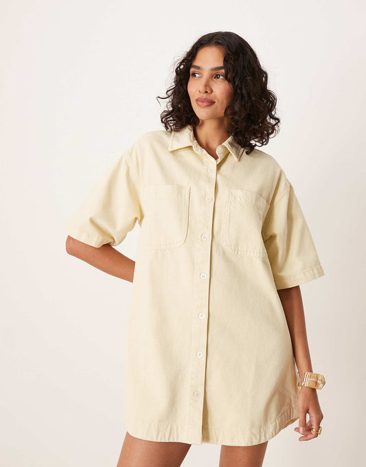 ASOS DESIGN denim boxy shirt dress in soft yellow