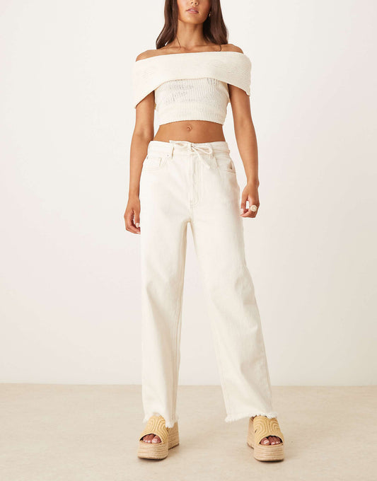 ASOS DESIGN crop wide leg dad jean with belt in ecru