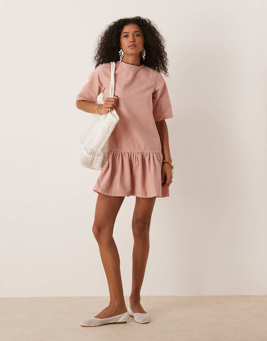 ASOS DESIGN denim t-shirt mini dress with drop waist in pink