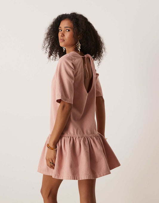 ASOS DESIGN denim t-shirt mini dress with drop waist in pink